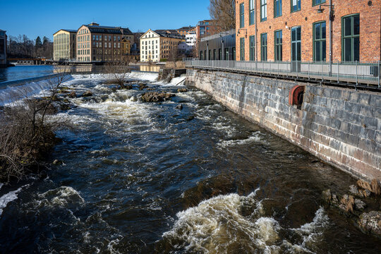 Motala Stream and the Industrial landscape during early spring 2026. Norrk&ouml;ping is a historic industrial town in Sweden. 