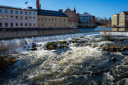 Motala Stream and the Industrial landscape during early spring 2026. Norrk&ouml;ping is a historic industrial town in Sweden. 