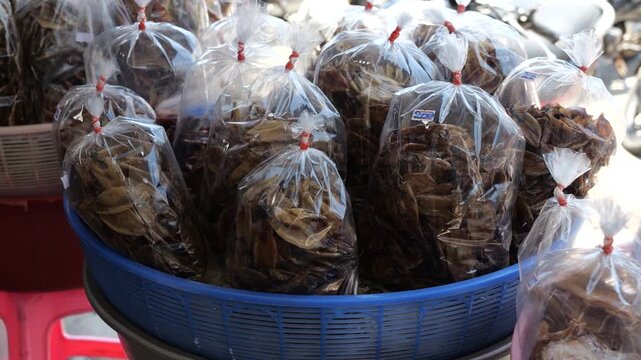 dried fish and squid at the market selling food and used goods Thai-Cambodian border It is a popular souvenir that is inexpensive