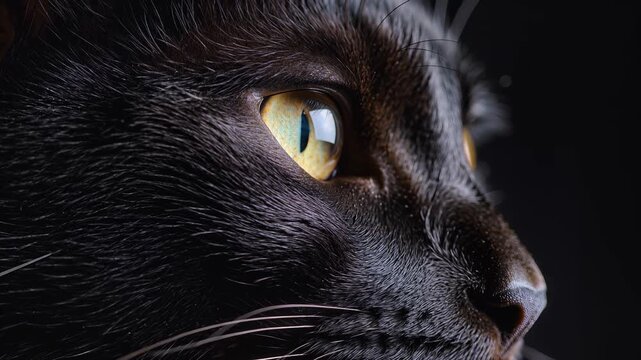 Close-up portrait of a black cat's face showing its eyes and whiskers