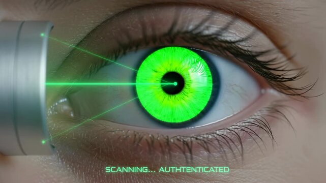Close-up view of human eye being scanned with green laser light, highlighting iris patterns and biometric authentication in a clinical setting