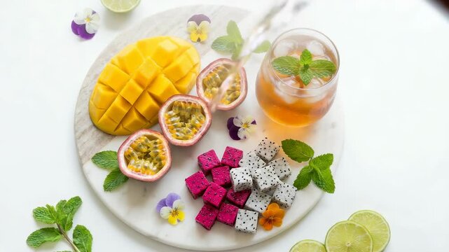 White plate holds tropical fruits. Yellow mango cubes are cut. Passion fruit halves are open. Dragon fruit pieces are pink and white. Lime slices are nearby. An iced drink with mint is present