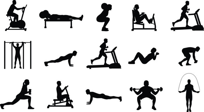 Fitness and gym workout silhouette icons set featuring people exercising with weights treadmill running cycling pushups squats and cardio training for healthy lifestyle sports