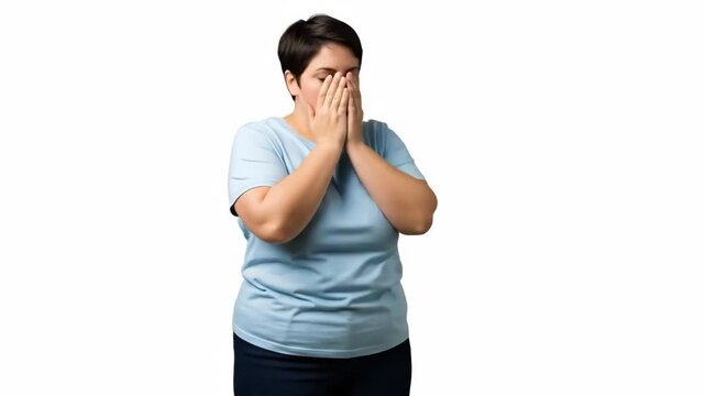 A woman covers her face with her hands in a moment of distress or shame