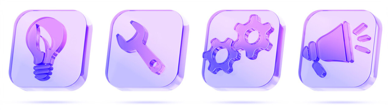 3d glass hologram square button icon set - light bulb with leaf, wrench, gears, megaphone. Electric car service, ev repair, maintenance, support, diagnostic tool for green businesses. 3D illustration