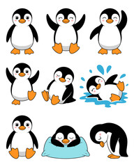 Obraz premium Cute cartoon penguin character set featuring various funny poses including jumping swimming and sleeping on a blue pillow for kids nursery decor preschool education projects or fun winter holiday desi