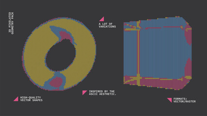 Fototapeta premium Geometric Shapes Set With Vector Bitmap Dithering Texture.