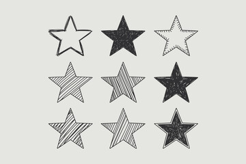 Fototapeta premium Set of nine hand drawn stars illustrated in various creative sketch styles featuring rough ink outlines, cross-hatching, scribbled textures, and solid black fills perfect for kids design or creative p