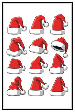 Set of twelve diverse red Santa Claus hats with various fluffy white fur trim styles and folded shapes isolated on white background, classic Christmas vector icons for holiday design projects or winte