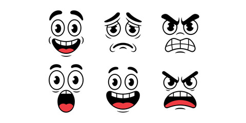 Fototapeta premium A set of cartoon face expressions featuring various emotions like happy joy sadness anger shock surprise and laughter created in a flat minimalist vector graphic style suitable for emoticons avatar ic