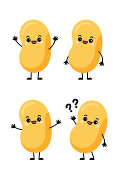 Cute cartoon bean character set featuring four different happy emotional expressions and gestures including waving hello and questioning poses in a vibrant flat vector design for healthy kids food pac