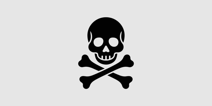 A high contrast black skull and crossbones icon representing danger, hazard warnings, death, and toxicity on a minimal light grey background for industrial safety signage, chemical labeling, or web de