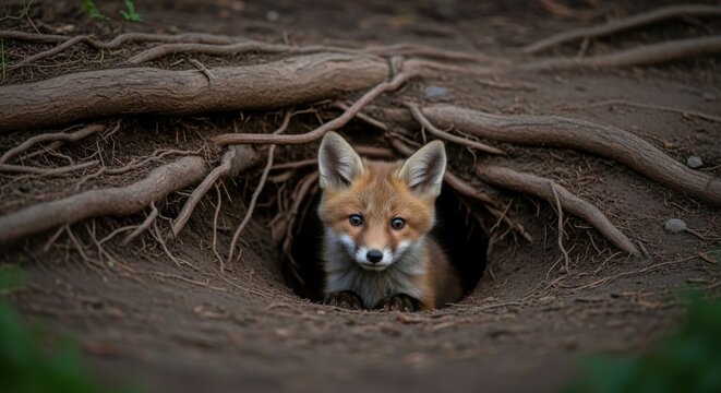Adorable red fox kit peeking out from its cozy den entrance surrounded by tree roots
