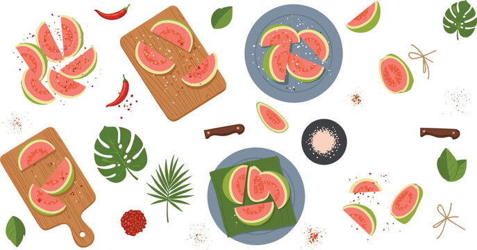 Guava slices and serving vector set with cutting boards, plates and tropical fruit pieces, fresh food composition collection isolated on white background illustration
