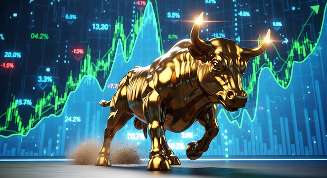 3d A futuristic financial/tech look: a large golden robotic bull stance in the foreground, with green and blue stock-market style graphs and charts glowing