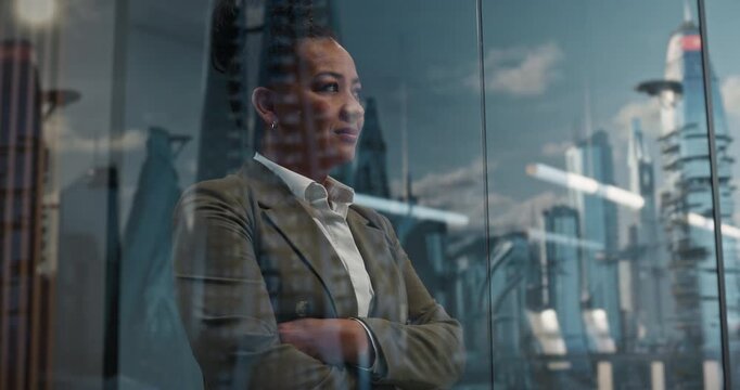 Black Businesswoman Stands With Arms Crossed by a Glass Office Window, Looking at Utopian Future as Reflections Show Smart City Towers, Flying Cars, Next-gen Technical Progress.