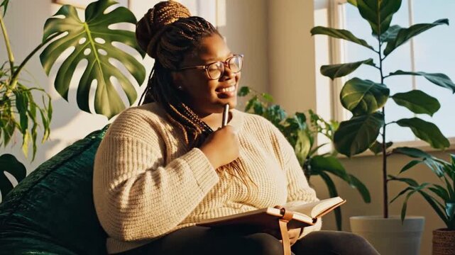 Joyful black woman with braided hair thoughtfully writing notes in a journal while seated amongst lush indoor plants video footage motion