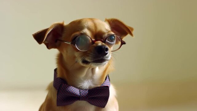 Charming Chihuahua wearing glasses and a bow tie, exuding a playful yet sophisticated demeanor. Perfect for pet lovers and whimsical content