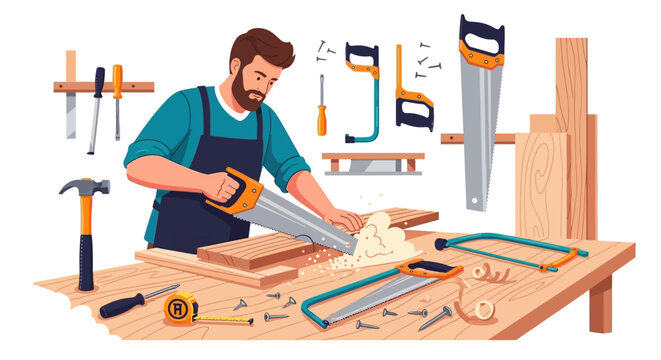 Carpenter working with a saw on wood.
