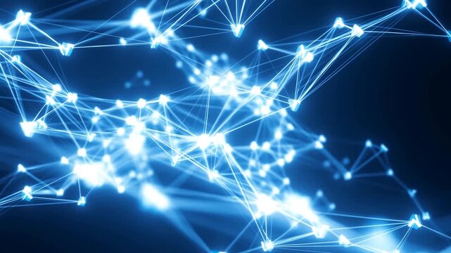 Abstract digital network connections with glowing nodes and lines. Represents technology, communication, and data transfer in a modern world