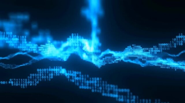 Abstract digital wave of binary code flowing in a dark background. Represents data transmission, technology, and the digital age