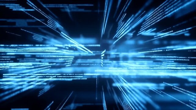 Dynamic blue data stream with glowing lines and binary code. Represents the fast-paced world of technology and digital information flow