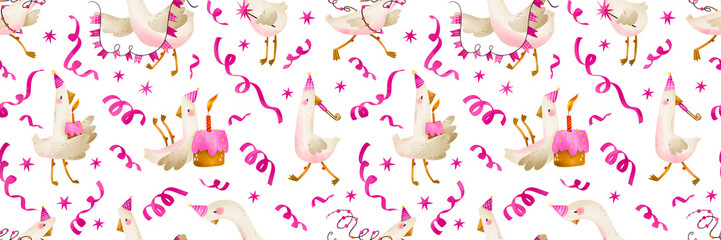 Cute birthday geese seamless pattern with pink confetti and cakes perfect for gift wrap fabric party decor stationery and kids celebration products © Ilona