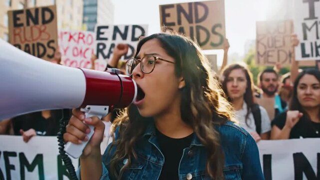 Passionate young woman protester actively speaking into a megaphone, leading a demonstration for social change and justice with people cheering in background, video footage.