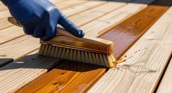 Gloved Hand Brushing Wood Grain Surface With Protective Stain On A Sunny Day
