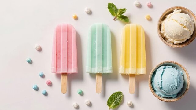 Pastel ice cream popsicles and scoops arranged with mint leaves and candy sprinkles on a white background. Top view composition highlights freshness, sweetness, and summer dessert mood.
