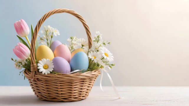 Wicker basket filled with pastel colored Easter eggs, decorated with fresh daisies and tulips, placed on a light background creating a soft festive spring holiday composition.