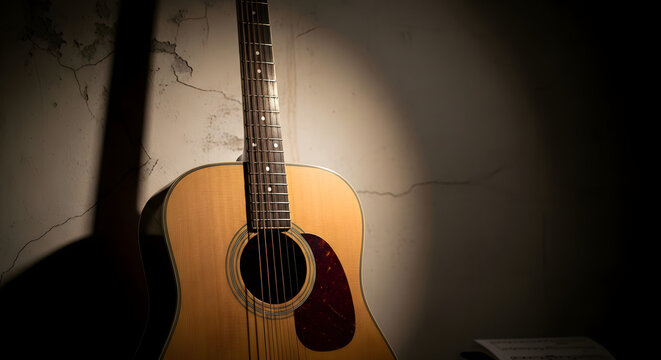 Single Acoustic Guitar Neck and Body Against Soft Beige Background, Minimalist Music Photography with Focus on Fretboard and Tuning Pegs, Clean and Modern Instrument Concept