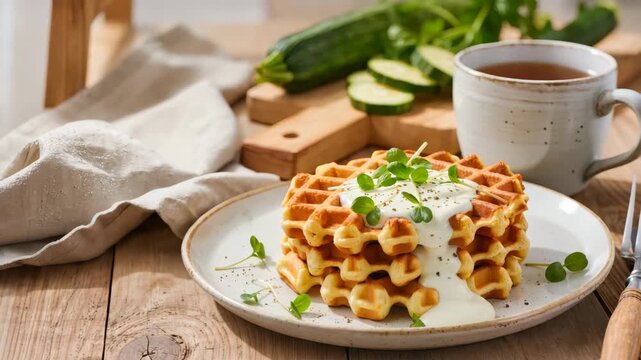 Golden savory waffles topped with creamy sauce and fresh microgreens served on a plate, accompanied by tea and vegetables, creating a cozy homemade breakfast food setting.