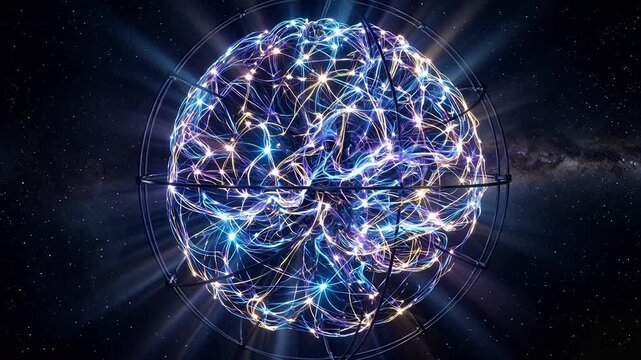 Conceptual neuromorphic supercomputer core shows thousands of artificial neural networks as glowing, interconnected fiber-optic pathways.