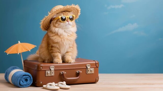 Fluffy ginger cat wearing sunglasses and a straw hat sits on a suitcase with beach items, creating a humorous summer vacation travel concept with playful mood and copy space.