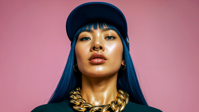 Stylish rapper woman with blue hair wearing black beret and gold chain necklace.