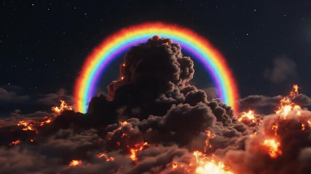 A vibrant rainbow appears behind a large dark cloud formation with flames burning below it in the night sky.