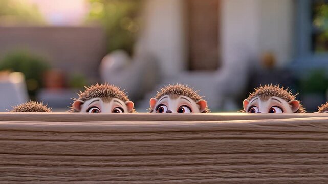 Monkeys peek over a wooden fence in a backyard setting curiously