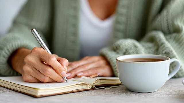 Focused journaling with coffee in cozy sweater setting