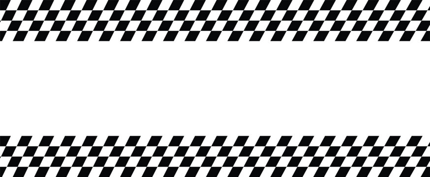 Black white checkered stripe border. Abstract racing flag pattern design. Motorsport checker banner background. Geometric diagonal checker texture.