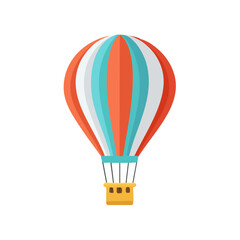 Fototapeta premium Colorful hot air balloon with orange blue and white stripes floating in the sky