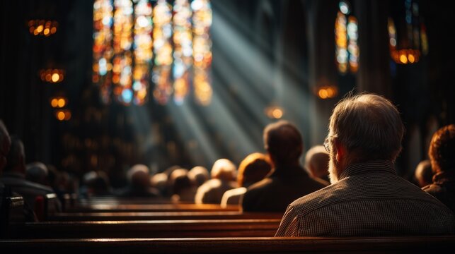 Church Service with an Elderly Man in a Pew Reflecting as Sunlight Streams Through a Stained Glass Window Evoking a Sense of Faith Hope and Peace