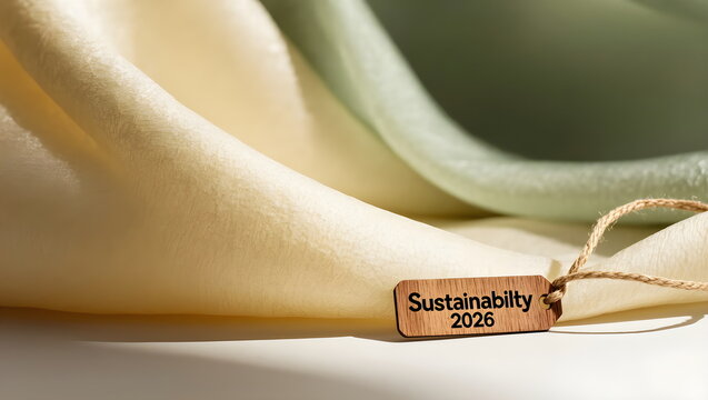 Textured Green Eco-Friendly Fabric Draped with Sustainability 2026 Wooden Tag