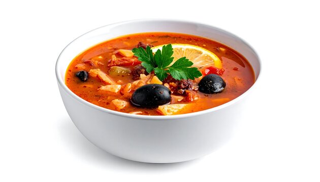 Hearty Solyanka Soup with Olives and Lemon Slice.