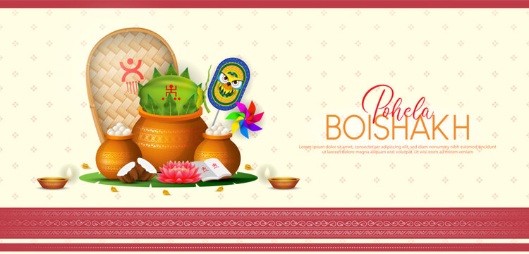 Bengali Happy New Year, Pohela Boishakh - banner template design with kalash, owl mask and decorative paper windmill toy and diya lamp