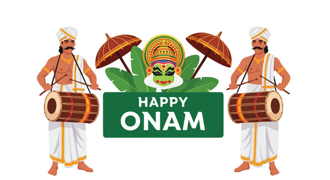 Illustration of two traditional Indian drummers with a colorful mask and ONAM greeting on a white background with green leaves.