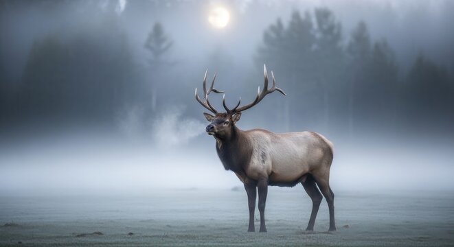 Majestic bull elk standing regally in a misty forest clearing at dawn under a full moon
