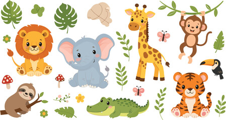Fototapeta premium Cute jungle animals illustration set with lion elephant giraffe monkey tiger crocodile sloth and tropical forest cartoon characters collection