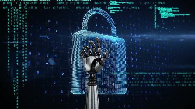 Animation of bionic hand and digital padlock over data processing on navy background