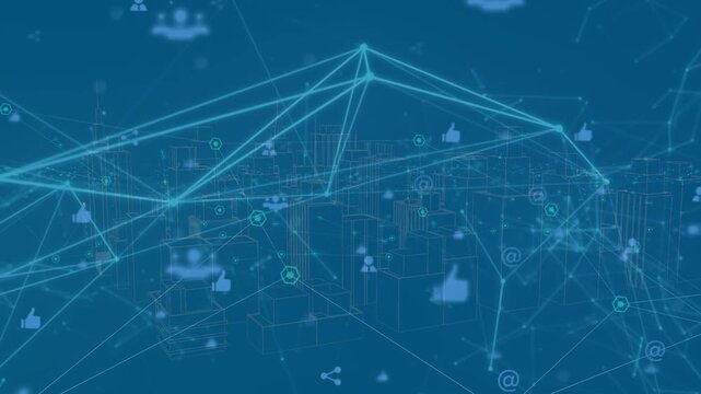 Animation of network of connections with people icons over 3d cityscape spinning